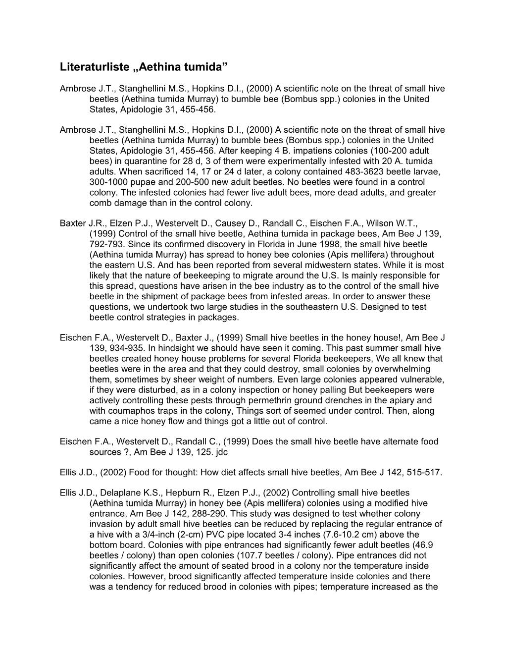 Literaturliste Aethina Tumida Aus ZBF-Datenbank Vom 14