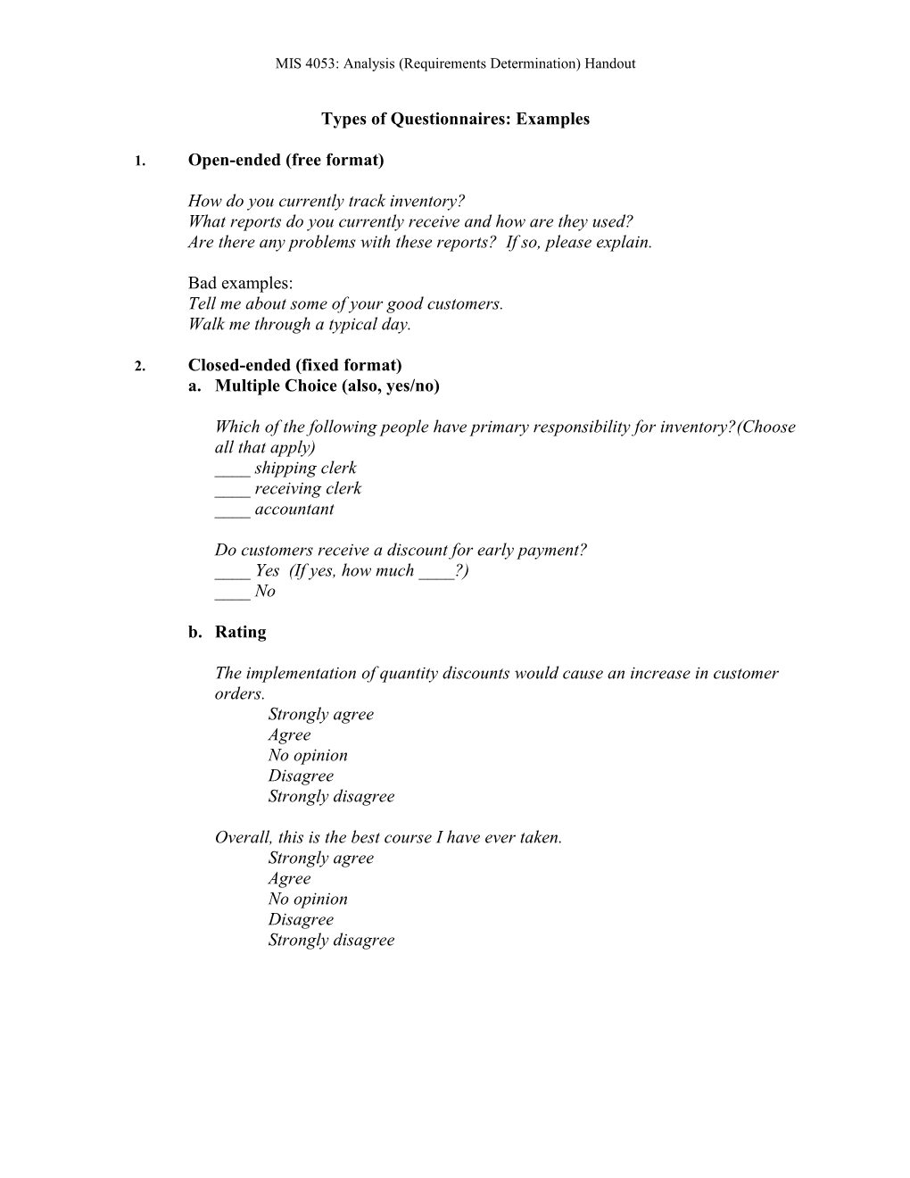 MIS 4053: Analysis (Requirements Determination) Handout