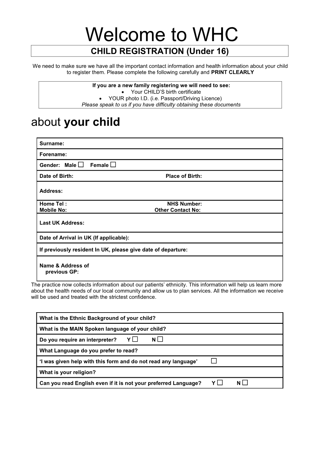 New Patient Registration Form for Children Under 5 Years