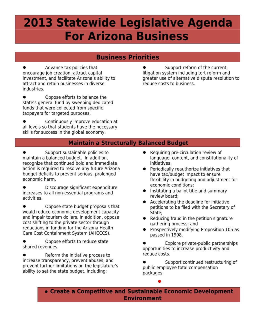2013 Statewide Legislative Agenda for Arizona Business