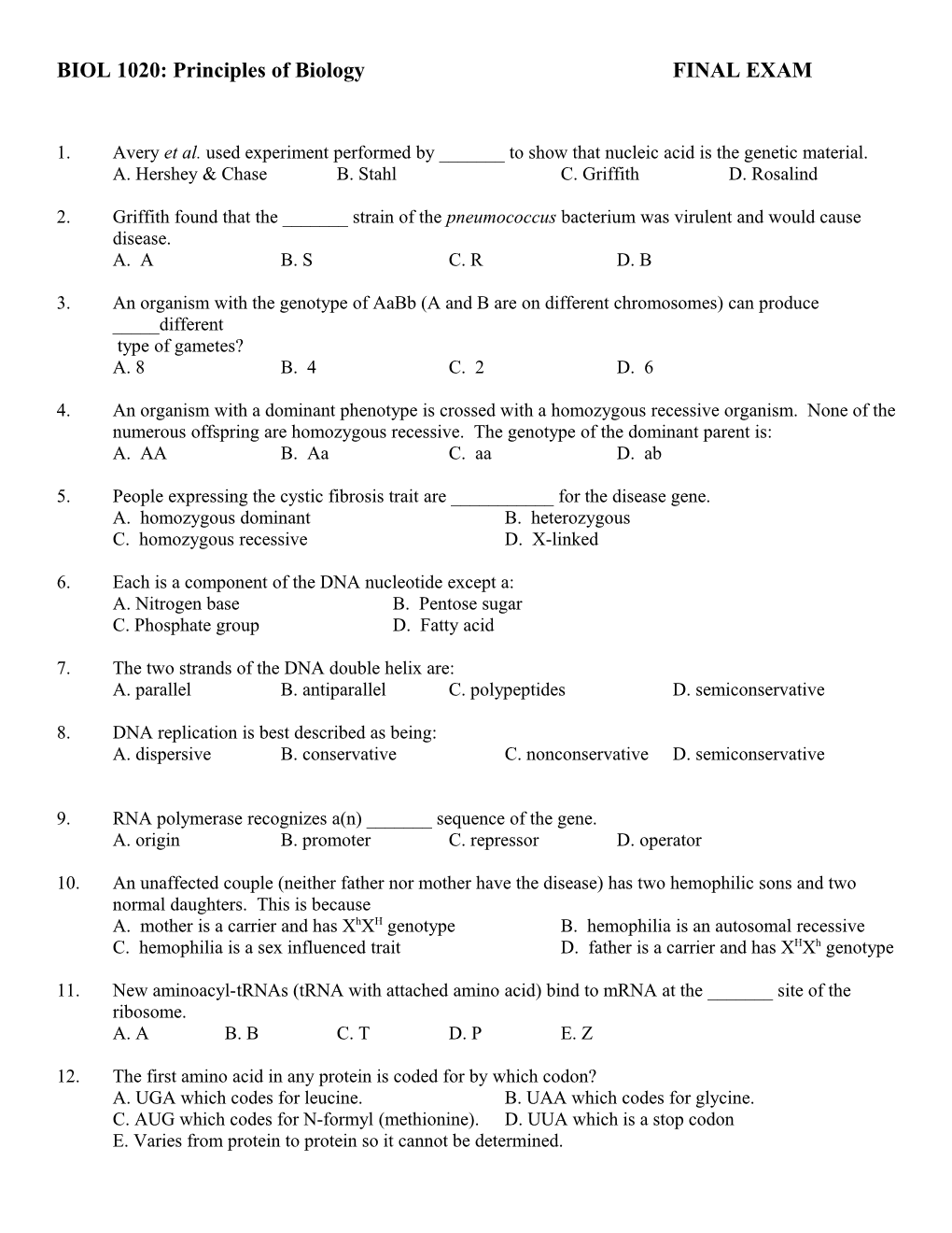 BIOL 1020: Principles of Biology