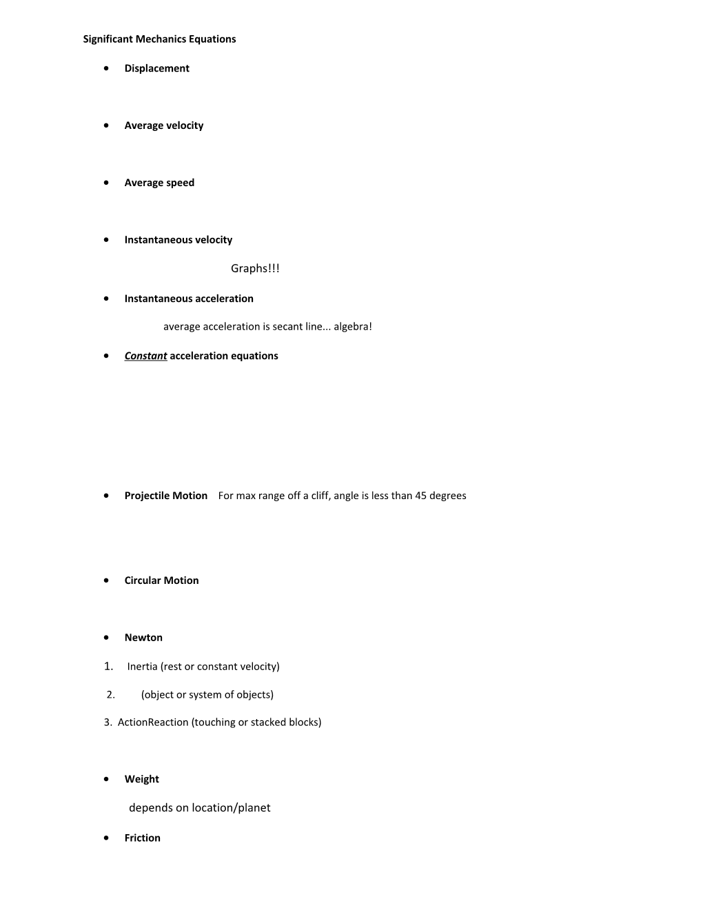 Significant Mechanics Equations