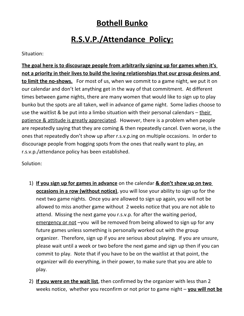 R.S.V.P./Attendance Policy
