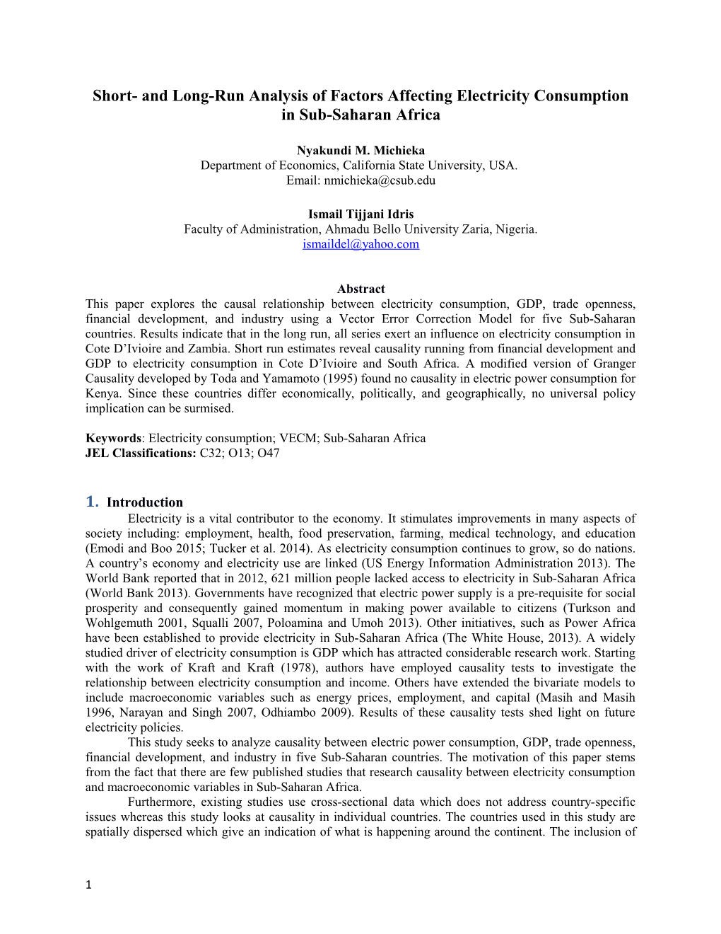 Short- and Long-Run Analysis of Factors Affecting Electricity Consumption in Sub-Saharan