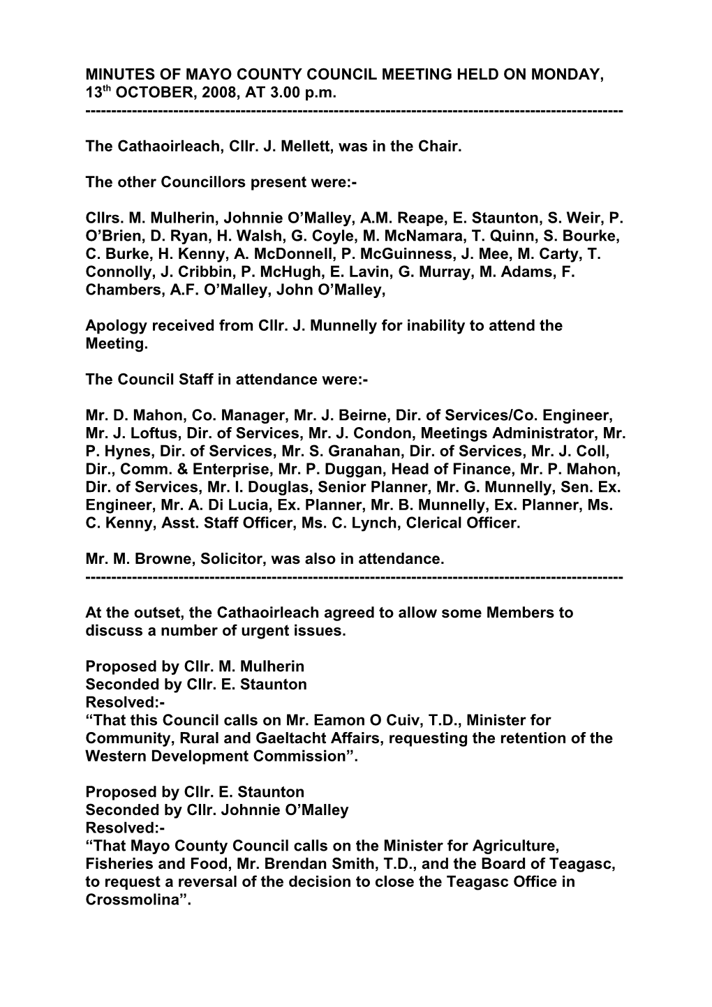 MINUTES of MAYO COUNTY COUNCIL MEETING HELD on MONDAY, 13Th OCTOBER, 2008, at 3