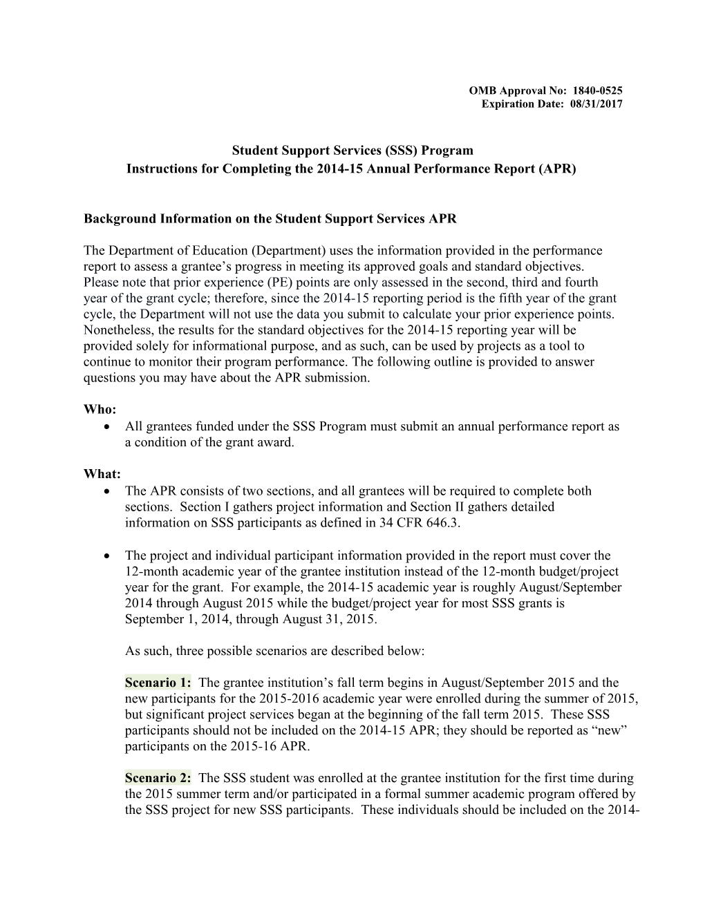 2014-2015 Annual Performance Report Instructions for the Student Support Services Program