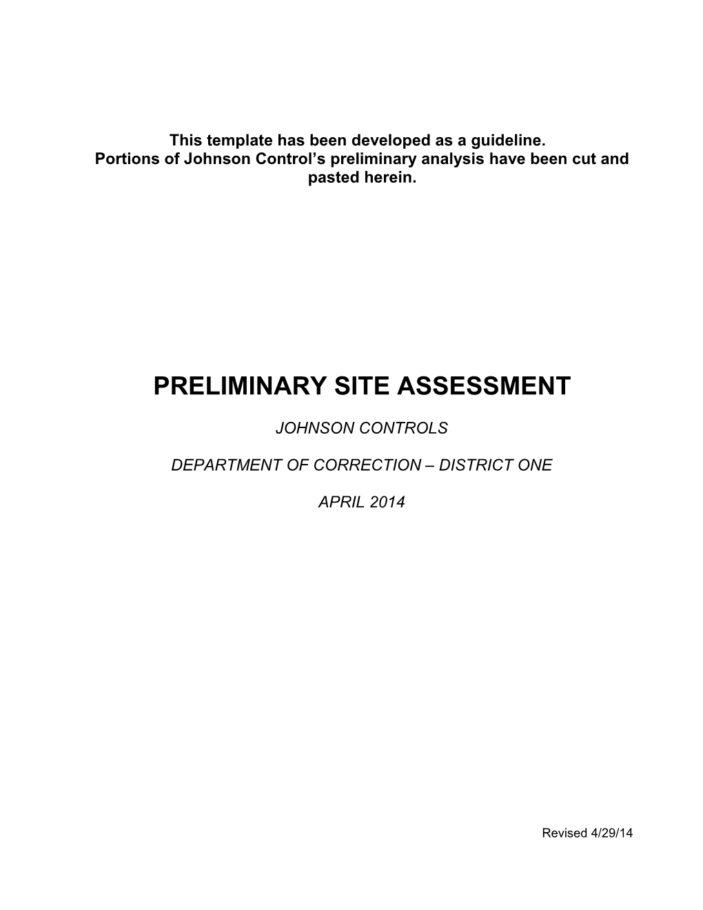 This Template Has Been Developed As a Guideline. Portions of Johnson Control S Preliminary