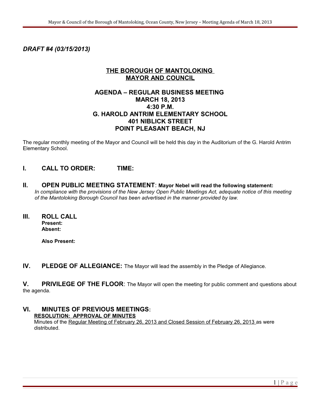 Mayor & Council of the Borough of Mantoloking, Ocean County, New Jersey Meeting Agenda