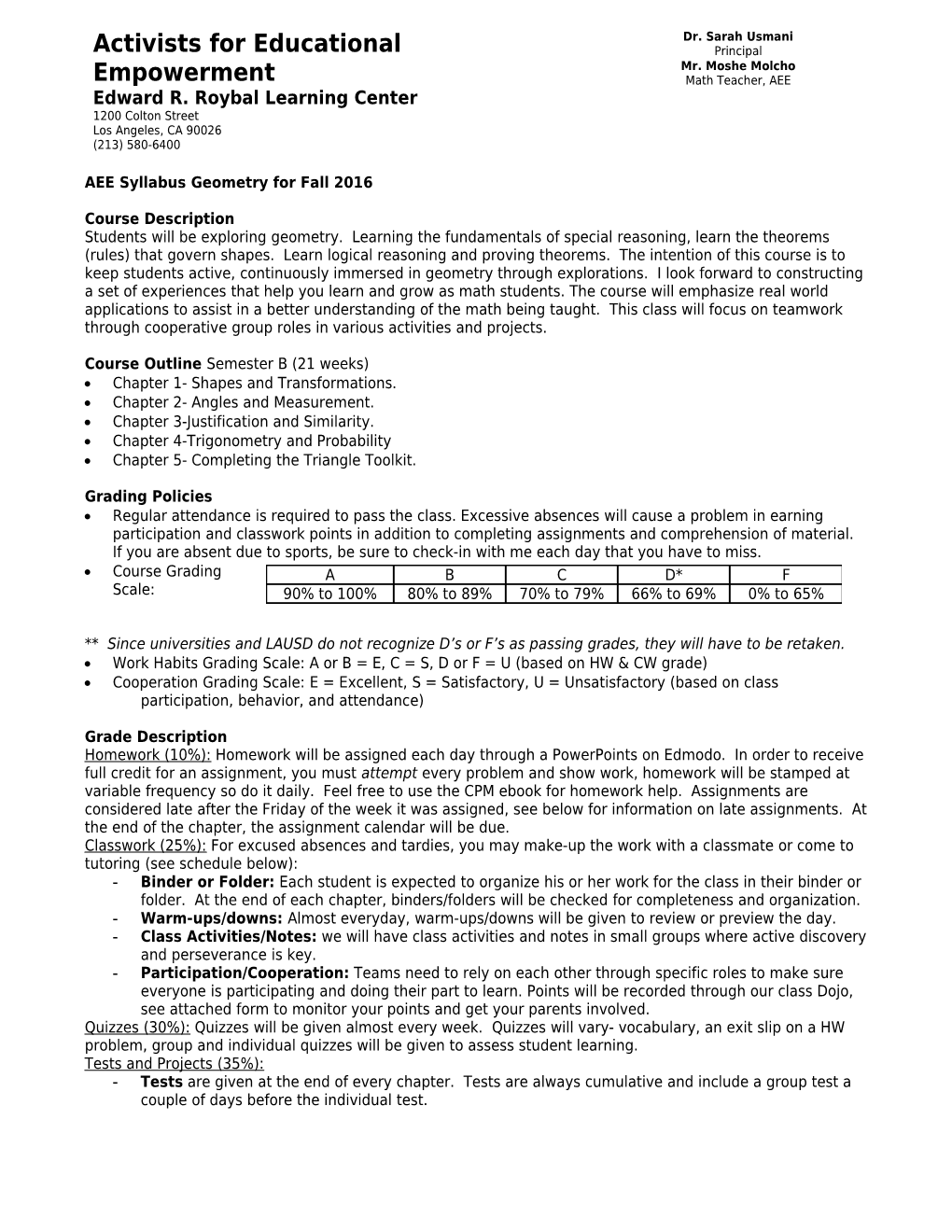 AEE Syllabus Geometry for Fall 2016