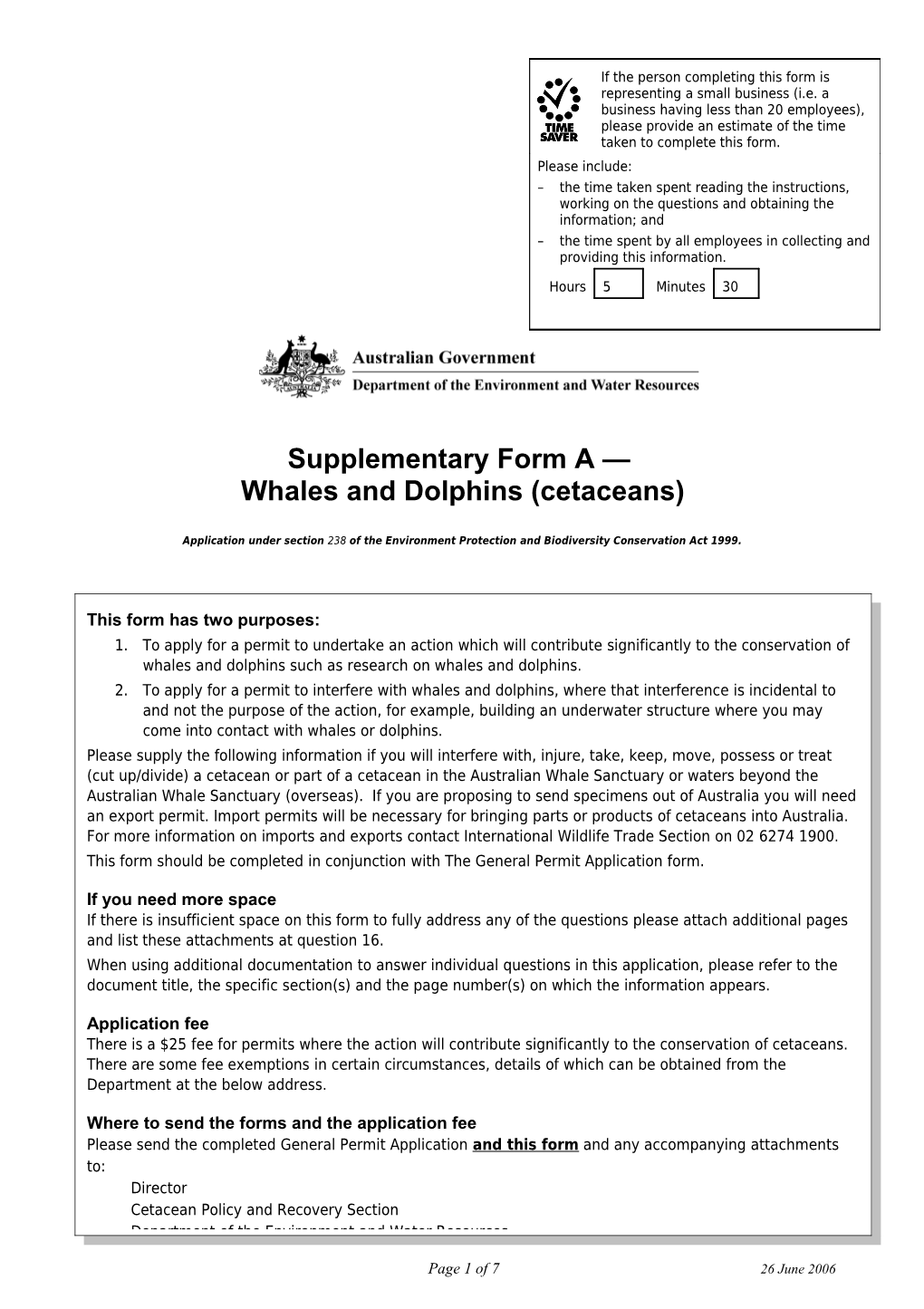 Supplementary Form a Whales and Dolphins (Cetaceans)