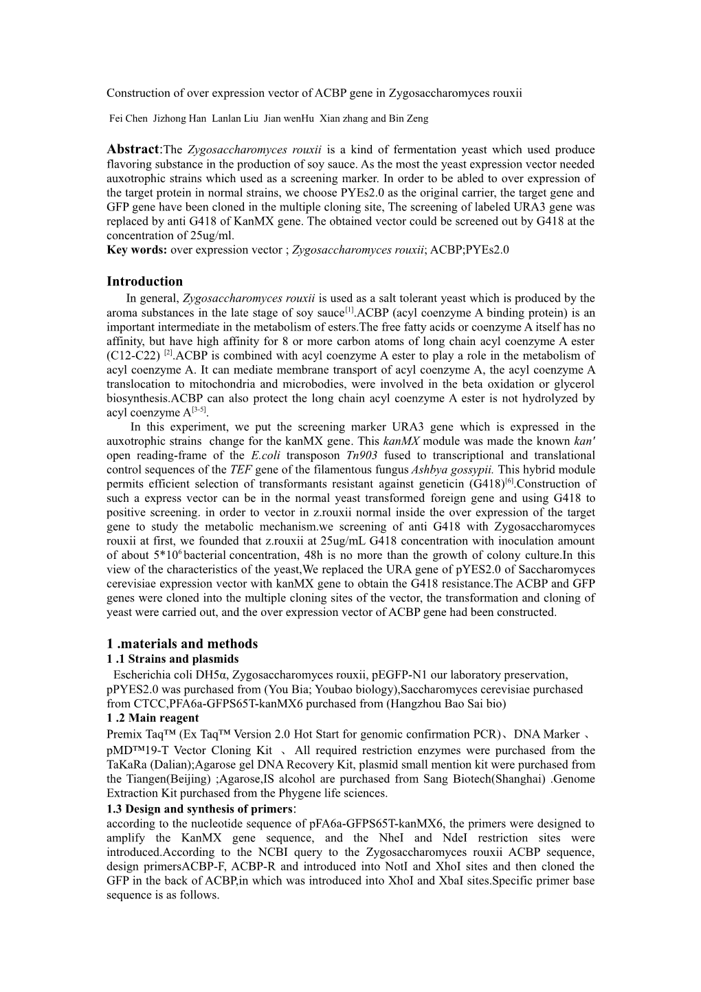 Construction of Over Expression Vector of ACBP Gene in Zygosaccharomyces Rouxii