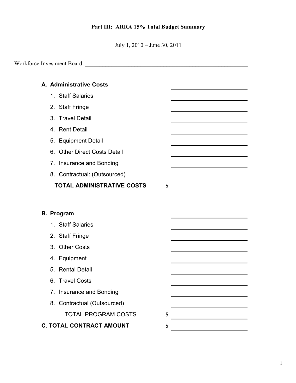 Part III: ARRA 15% Total Budget Summary