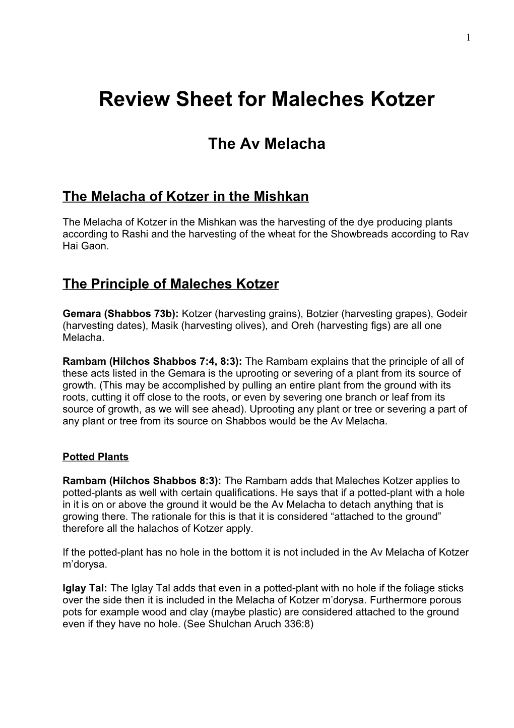 Review Sheet for Maleches Kotzer