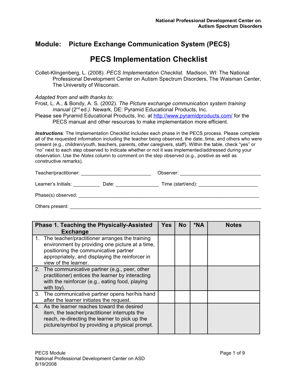 Implementation Checklist for PECS