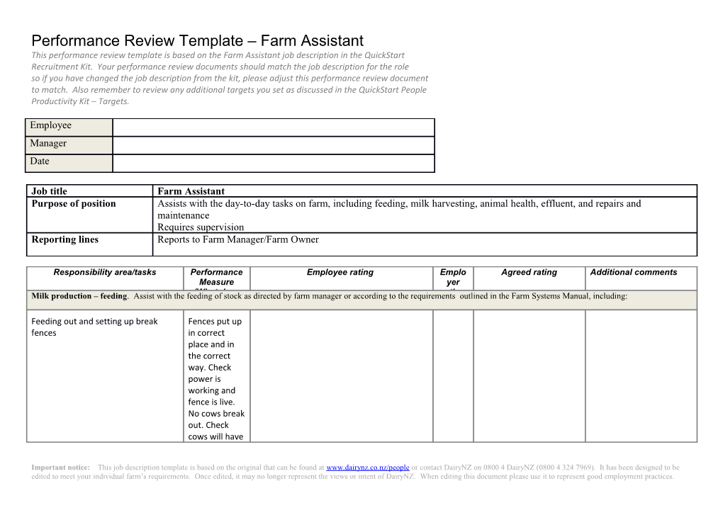 Performance Review Template Farm Assistant