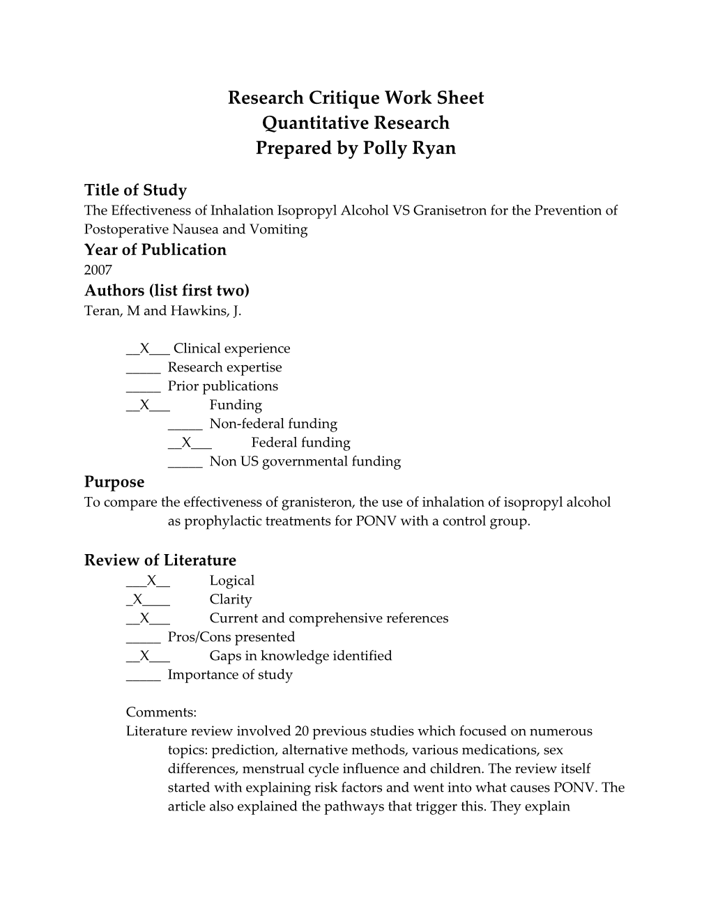 Research Critique Work Sheet