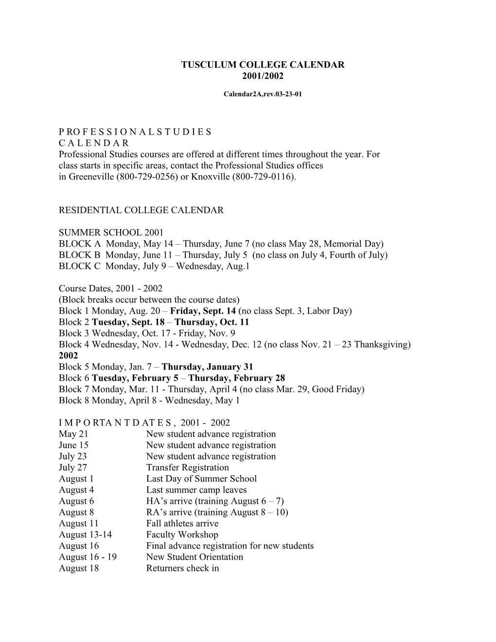 Tusculum College Calendar