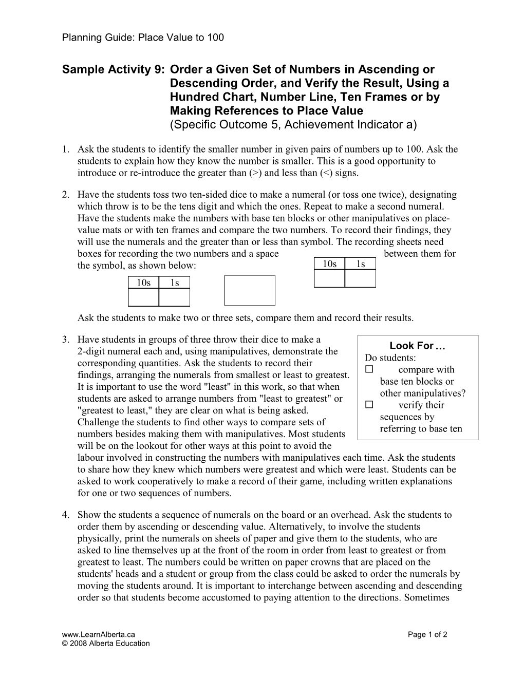 Planning Guide:Place Value to 100