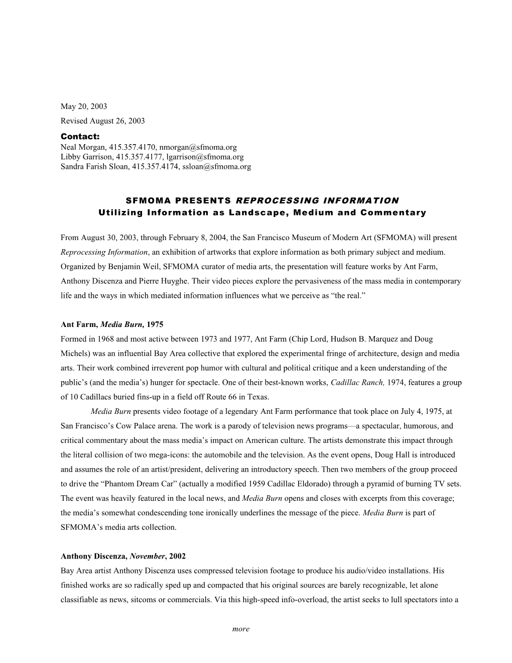 SFMOMA Press Room Press Release: Reprocesssing Information