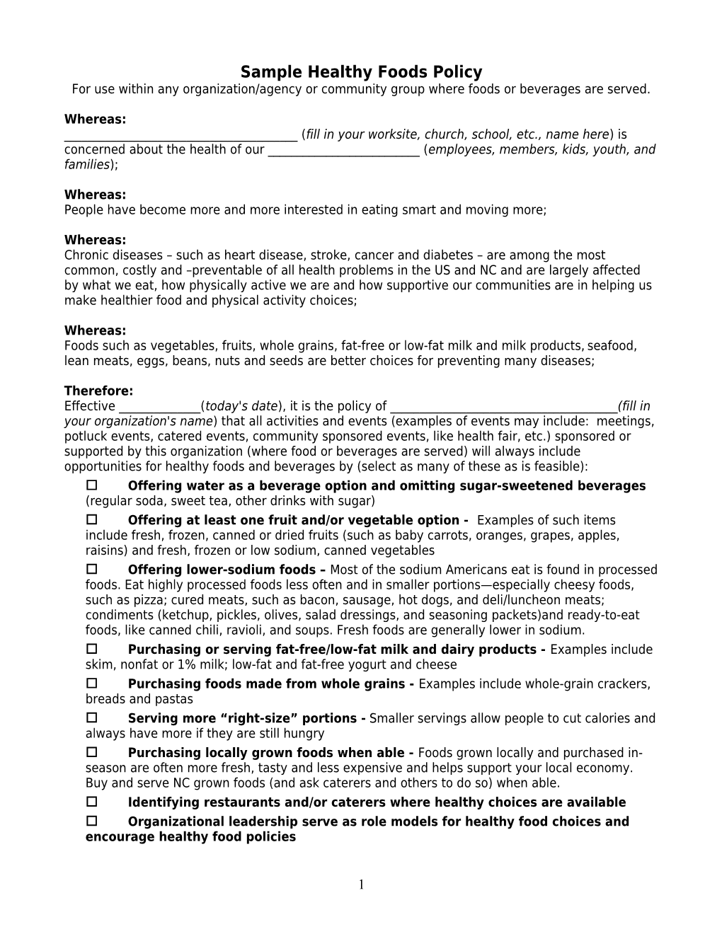 Sample Healthy Foods Policy