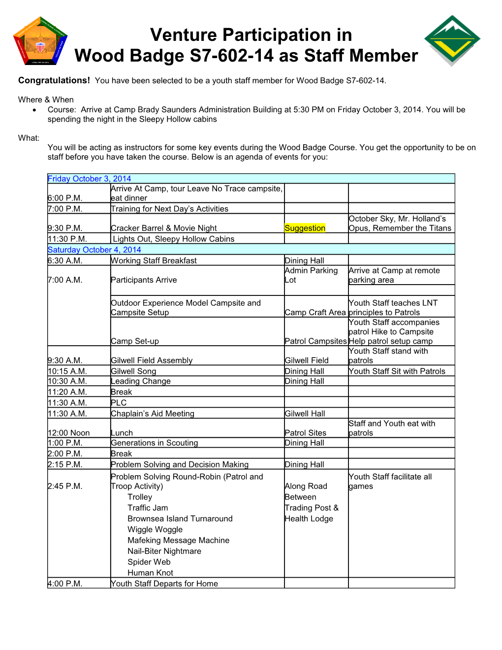 Wood Badge S7-602-14 As Staff Member