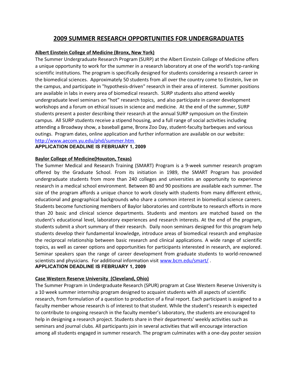 2009 Summer Research Opportunities for Undergraduates