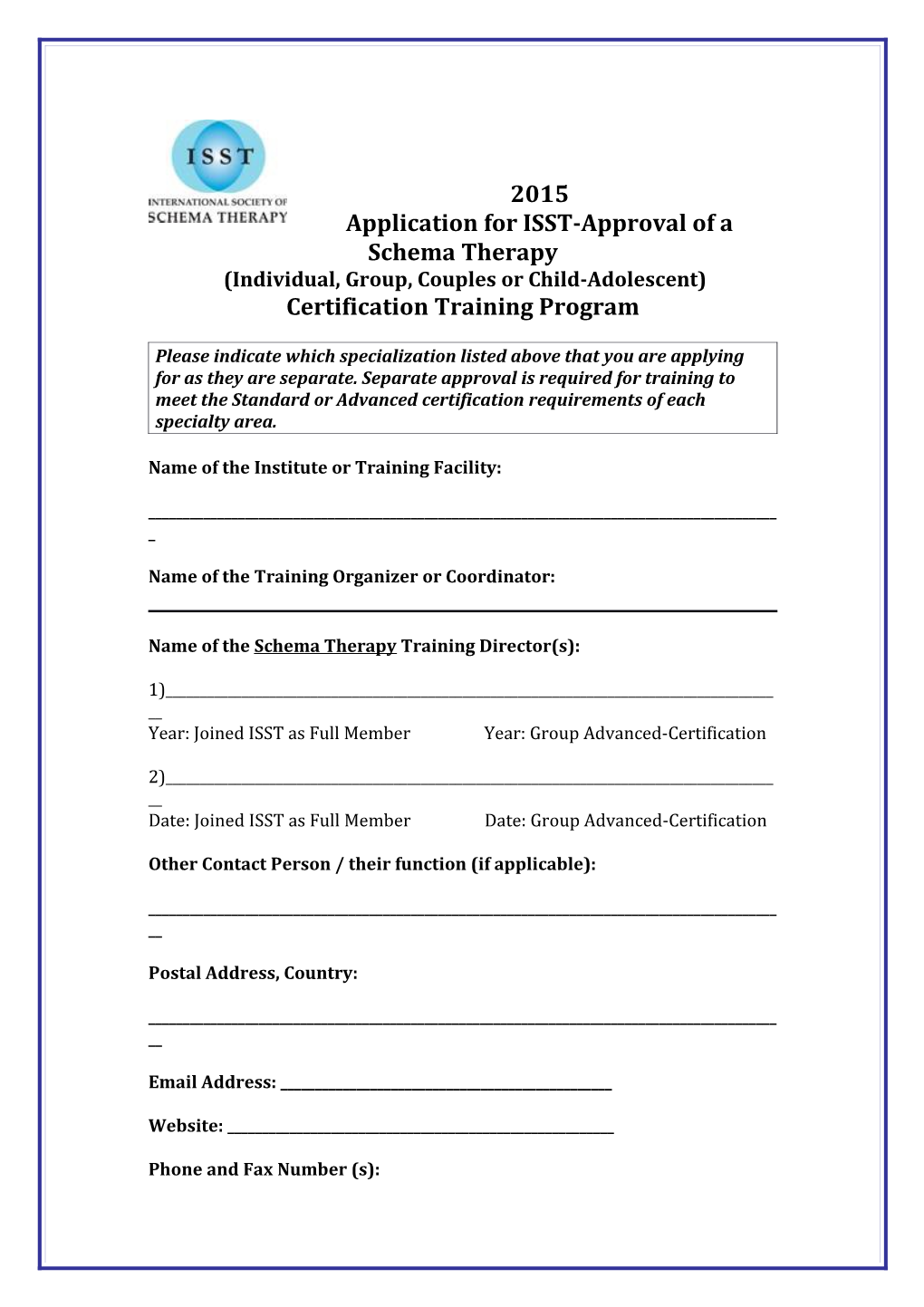 Application Form for 2011 ISST-Approved Certification Training Programs and Courses