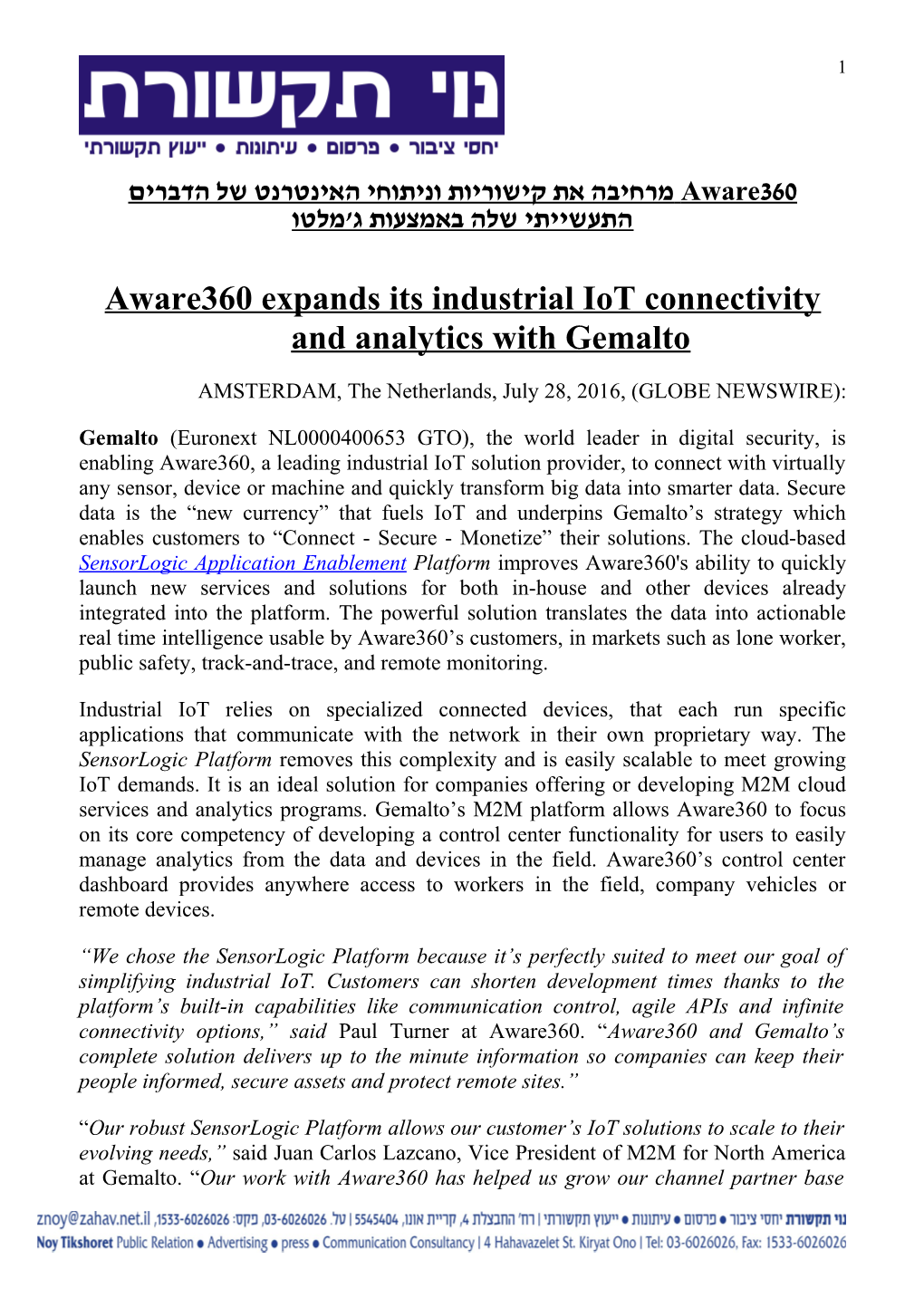 Aware360 Expands Its Industrial Iot Connectivity and Analytics with Gemalto