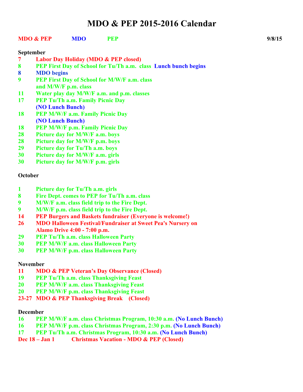 MDO & PEP 2015-2016 Calendar