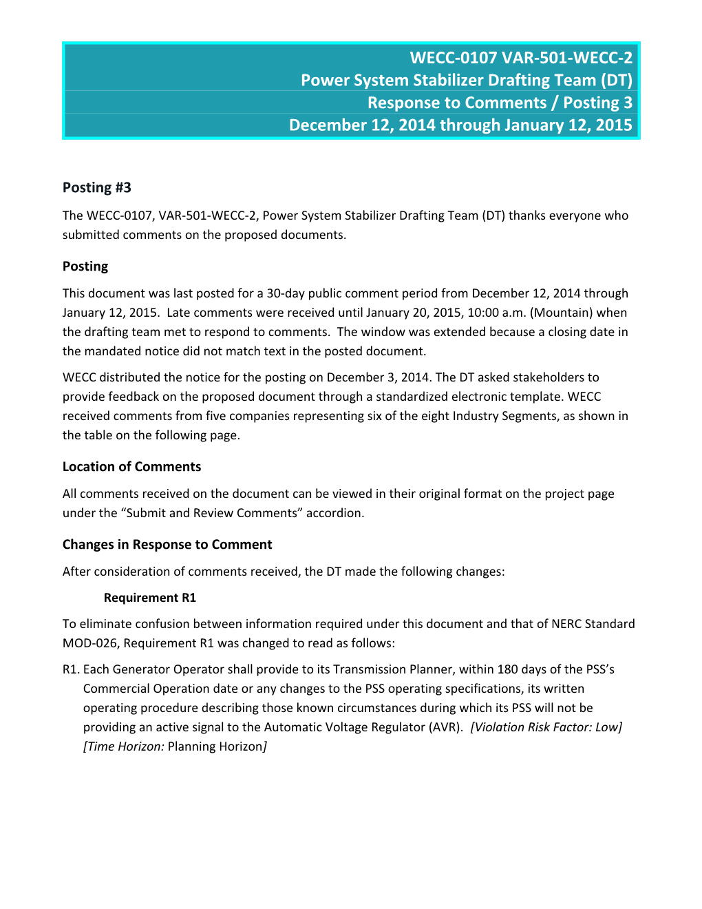 WECC-0107 Posting 3 VAR-501-WECC-2 Power System Stabilizers Response to Comments 2-10-2015