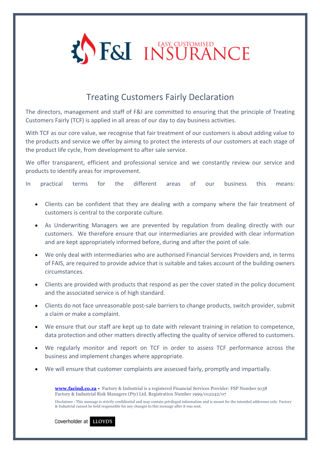 Treating Customers Fairly Declaration