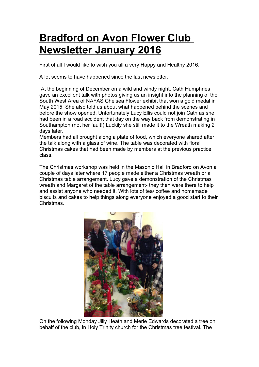 Bradford on Avon Flower Club Newsletter January 2016
