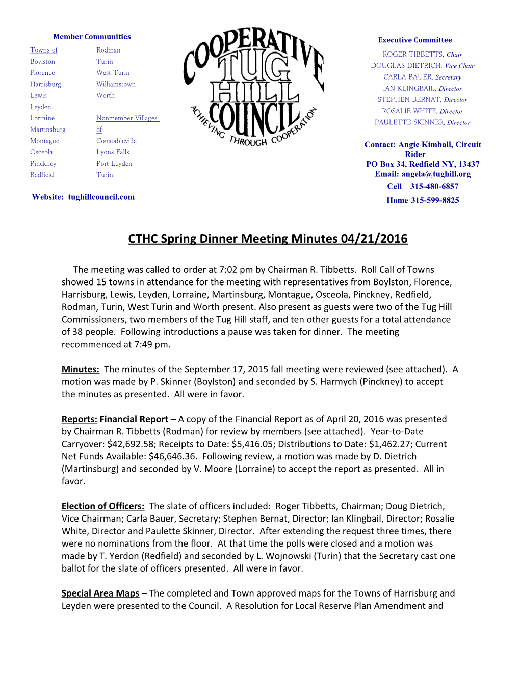 CTHC Spring Dinner Meeting Minutes 04/21/2016