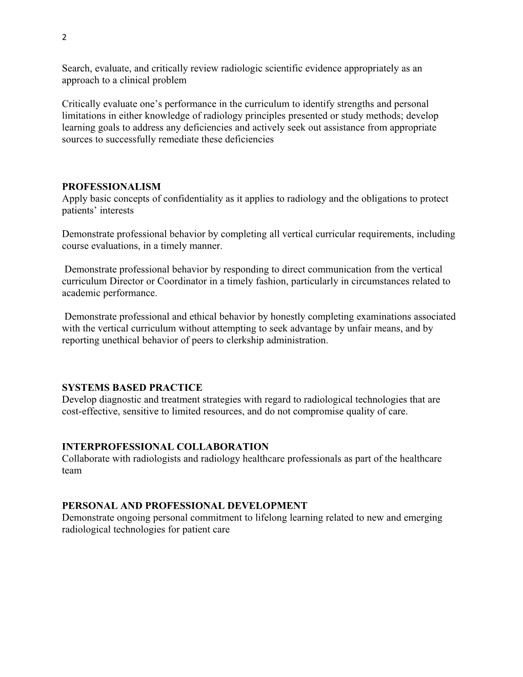 Radiology Vertical Integrated Curriculum Objectives