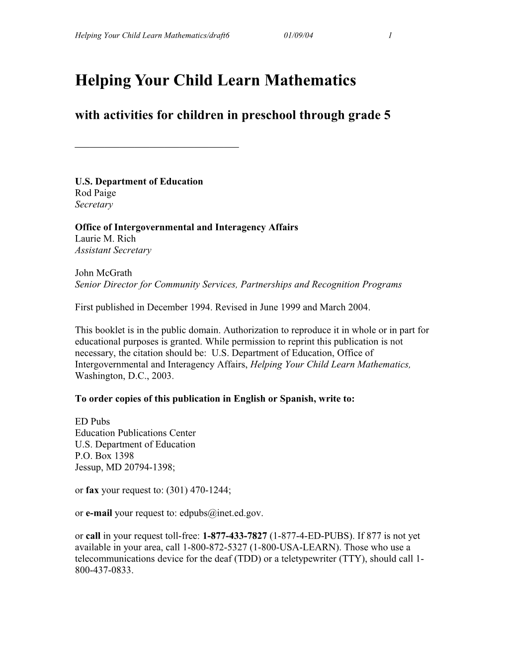 Helping Your Child Learn Mathematics (Word)