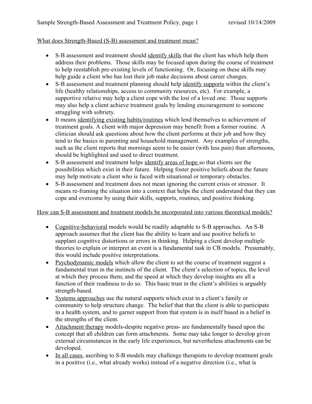 Sample Strength-Based Assessment and Treatment Policy, Page 1Revised 10/14/2009