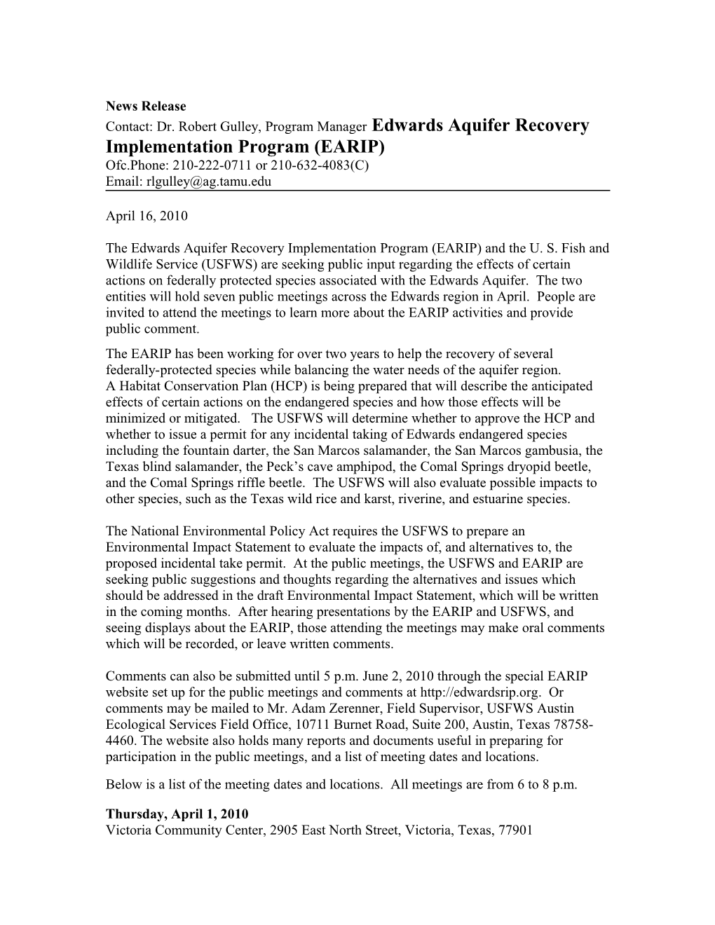 Edwards Aquifer Recovery Implementation Program (EARIP)