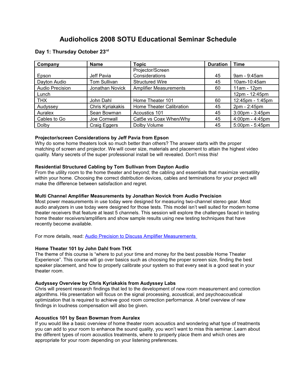 Audioholics 2008 SOTU Educational Seminar Schedule