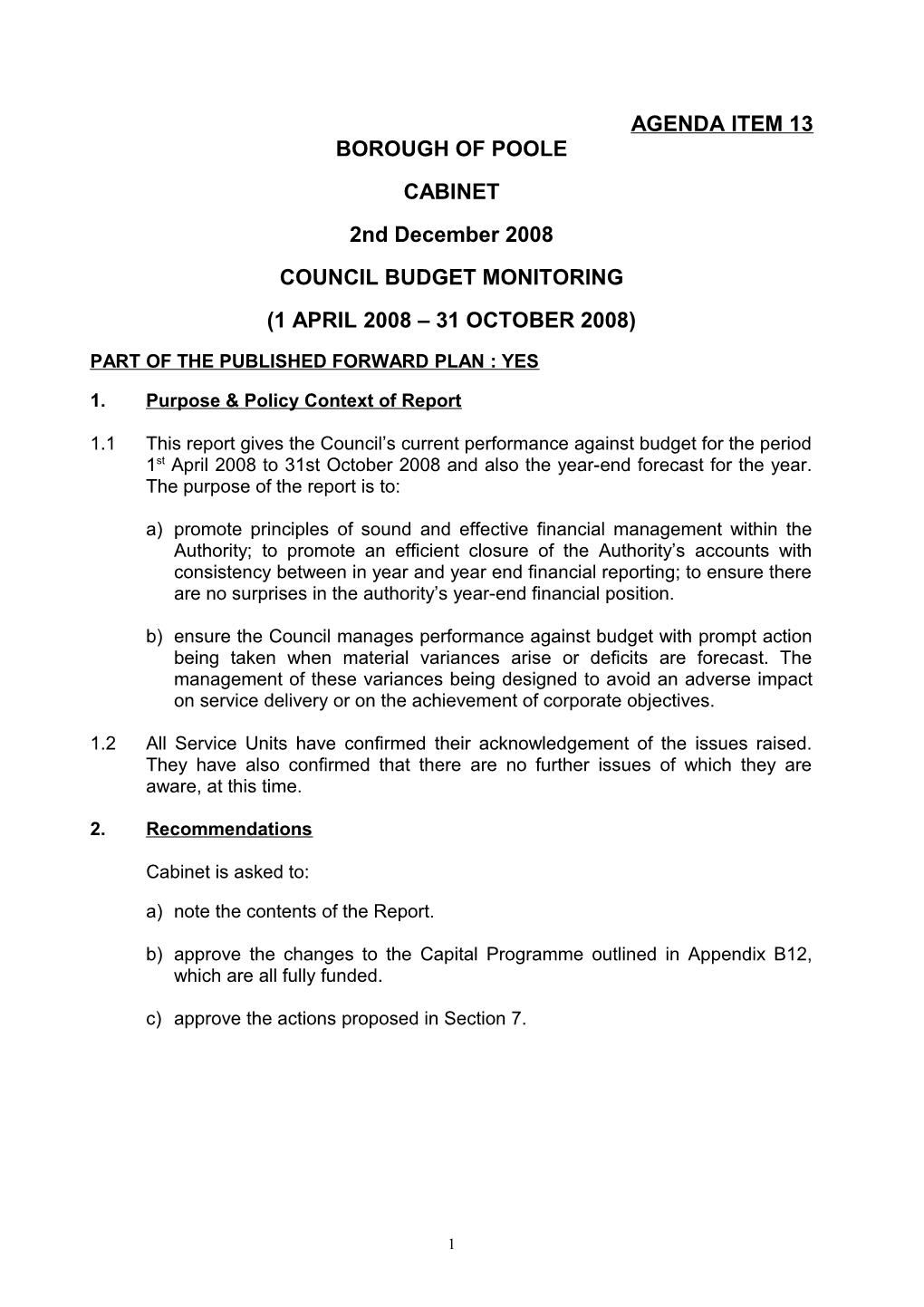 Council Financial Monitoring (1 April 2008 31 October 2008)