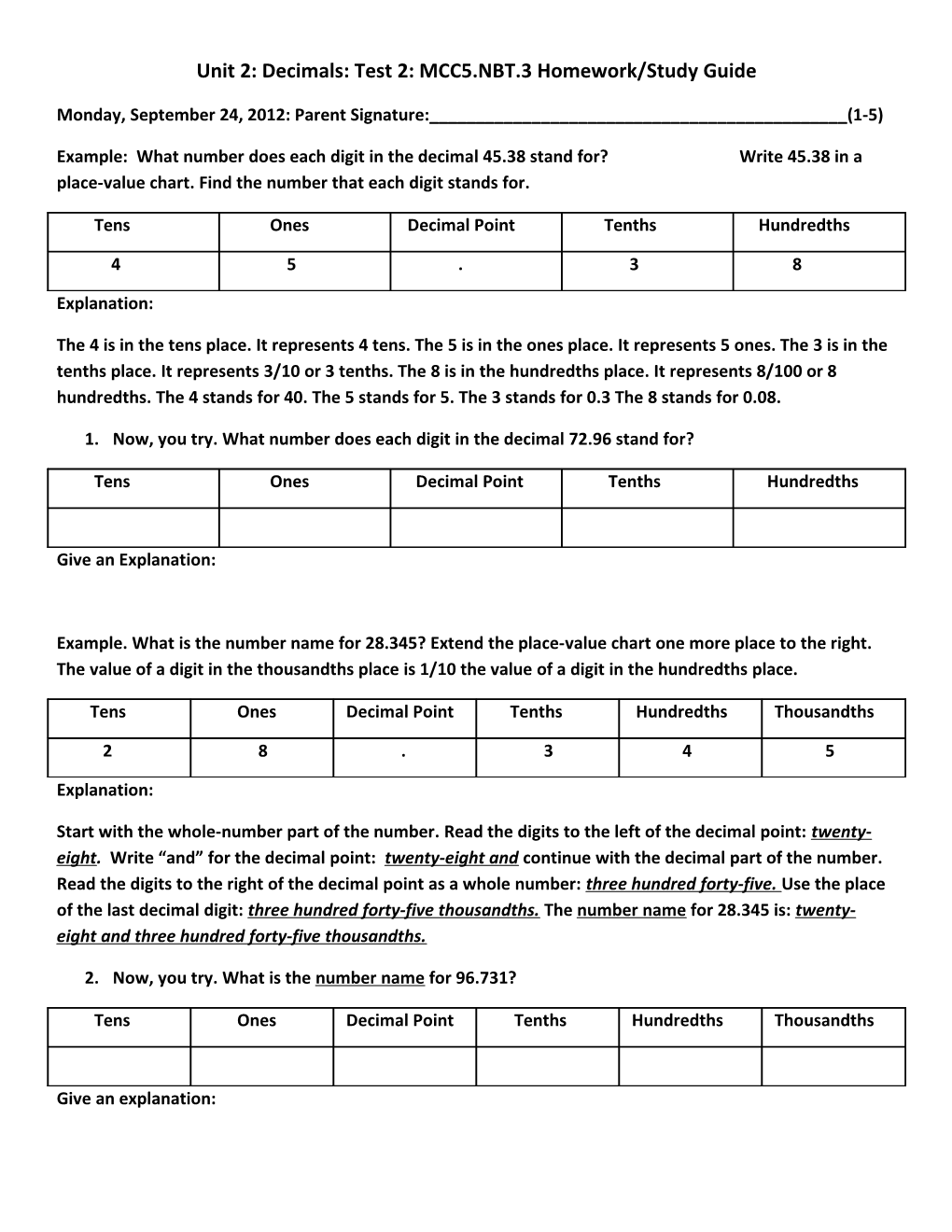 Unit 2: Decimals: Test 2: MCC5.NBT.3 Homework/Study Guide