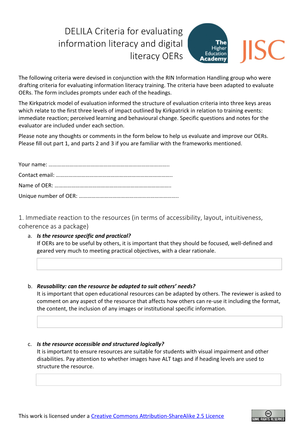 DELILA Criteria for Evaluating Information and Literacy Oers