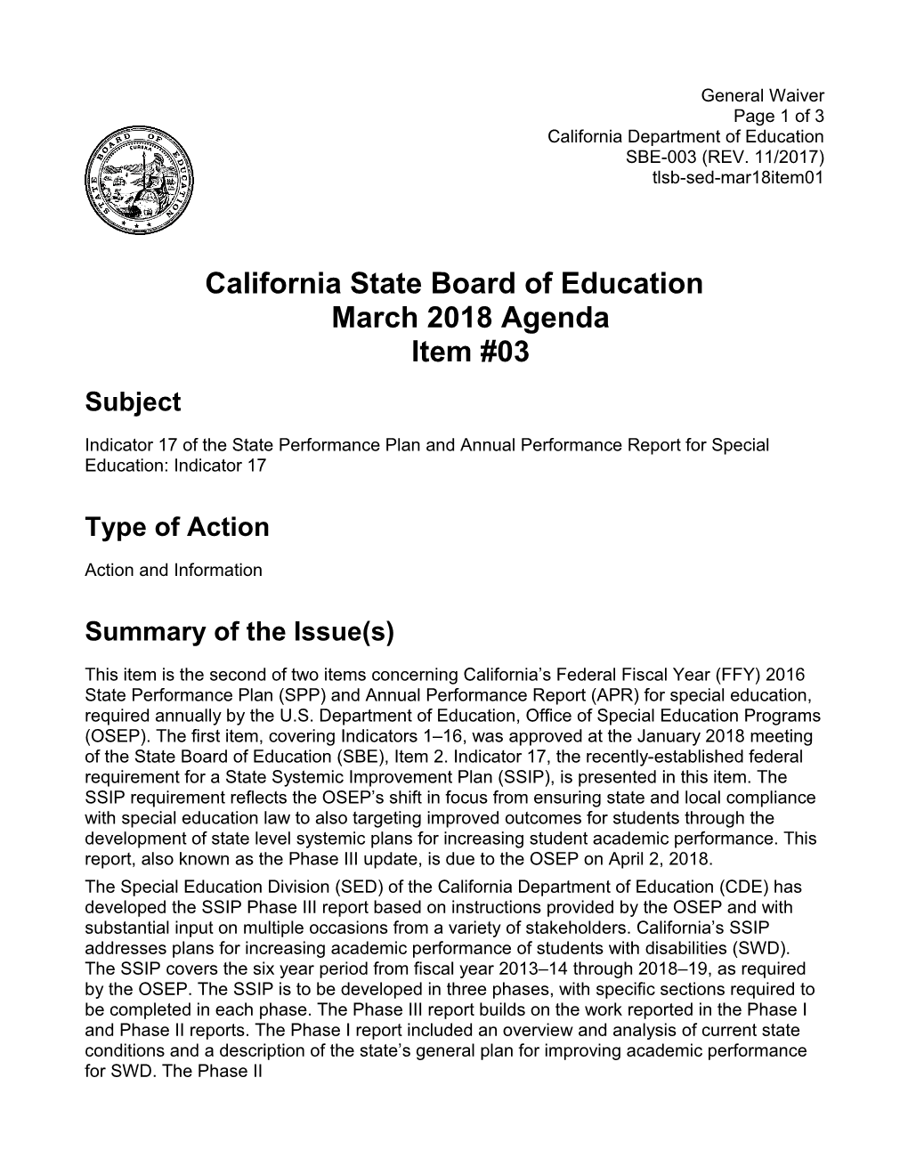 March 2018 Agenda Item 03 - Meeting Agendas (CA State Board of Education)