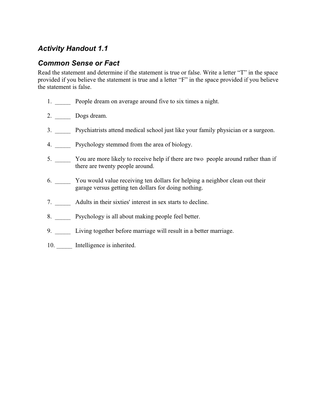 Activity Handout 1.1