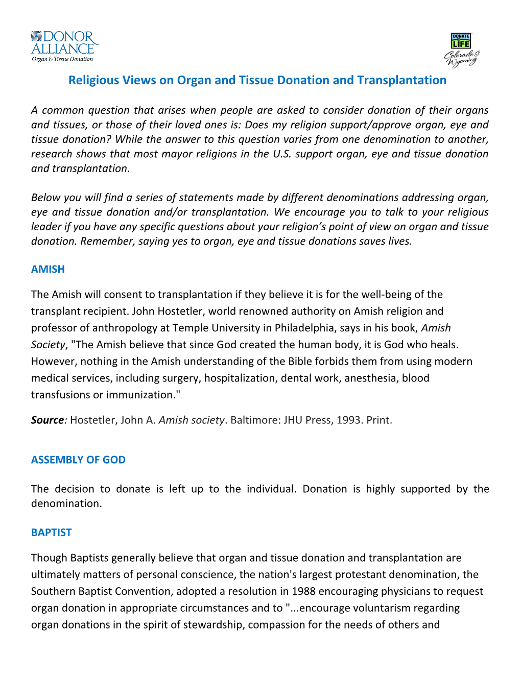 Religious Views on Organ and Tissue Donation and Transplantation