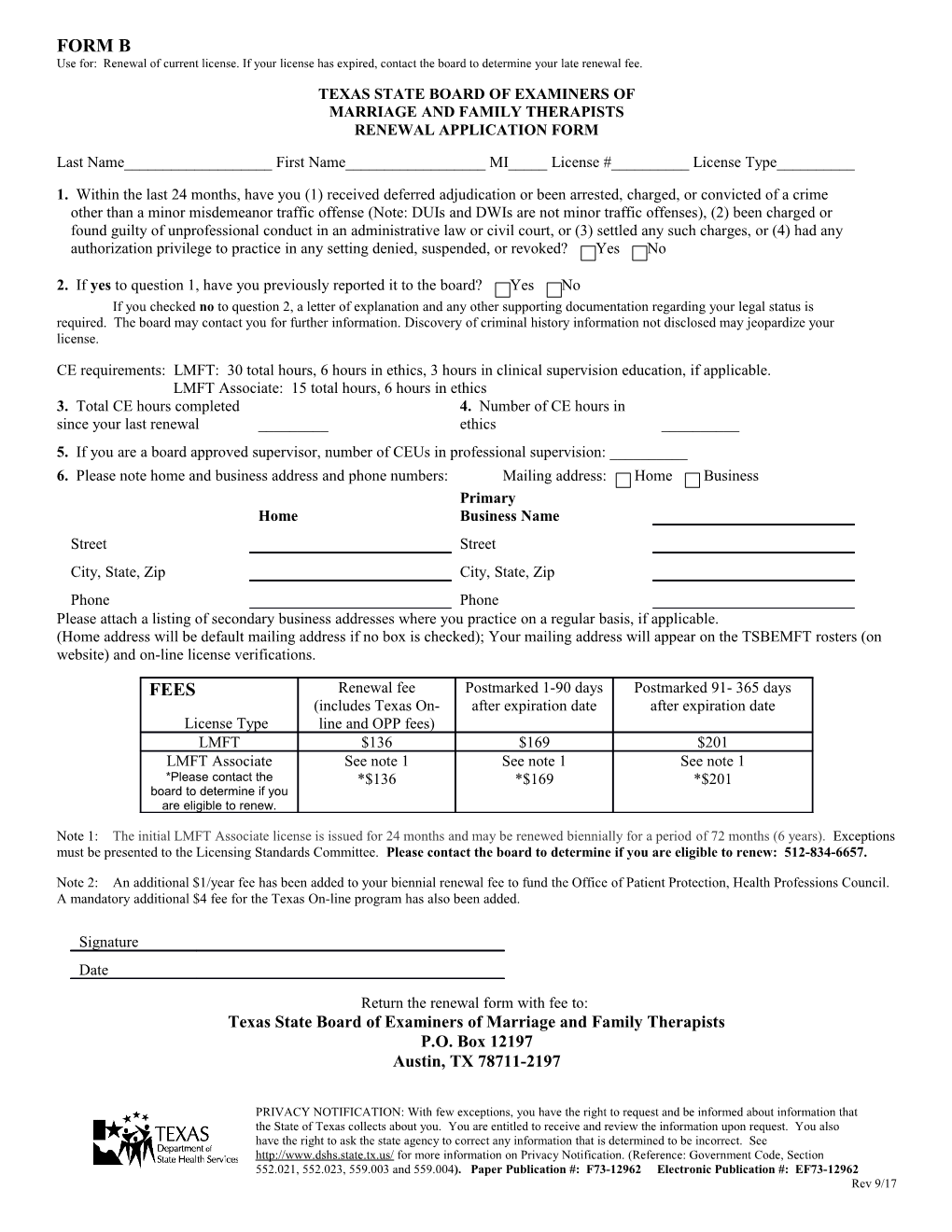 Form B MFT Renewal