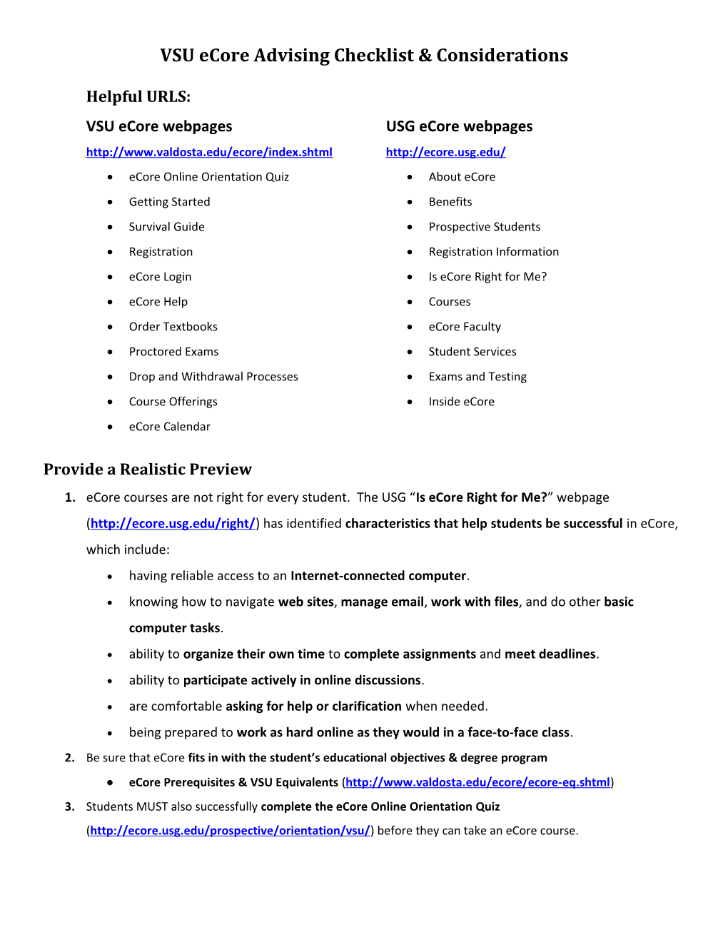 VSU Ecore Advising Checklist & Considerations