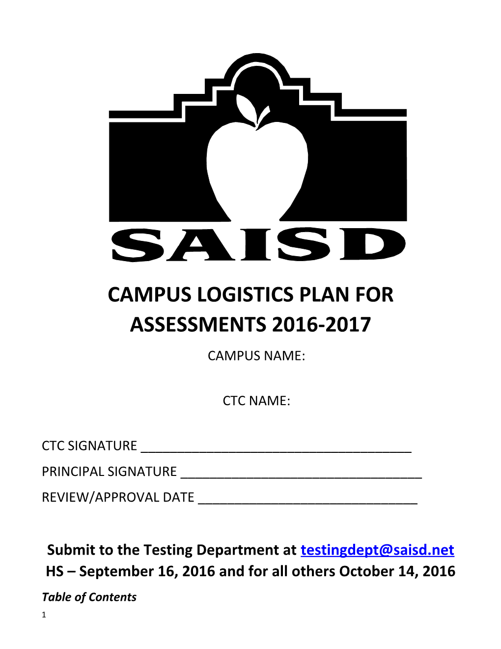 Campus Logistics Plan for Assessments 2016-2017