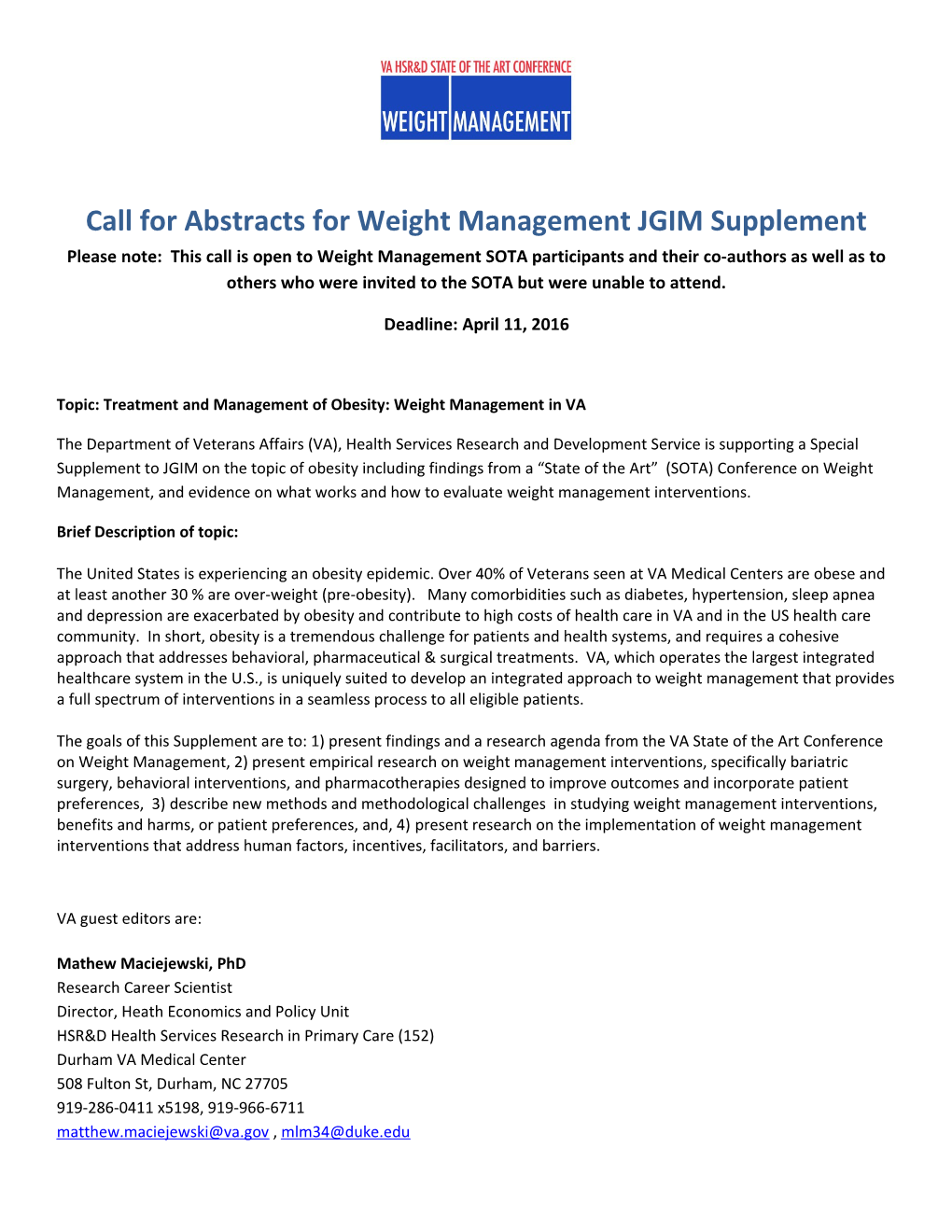 Call for Abstracts for Weight Management JGIM Supplement