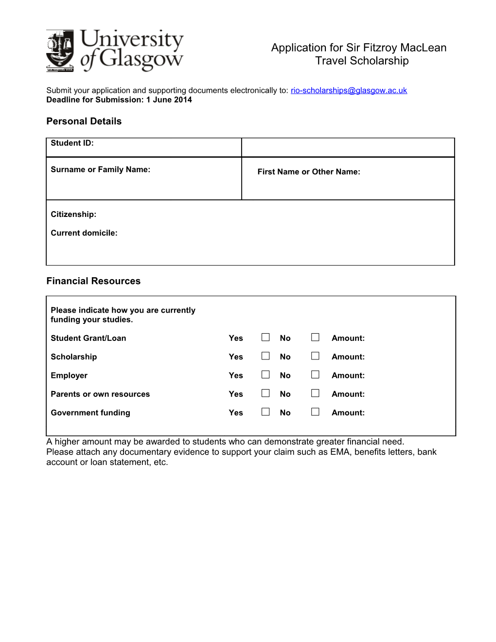 Application for Sir Fitzroy Maclean