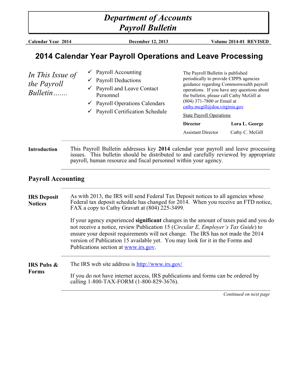 2014 Calendar Year Payroll Operations and Leave Processing